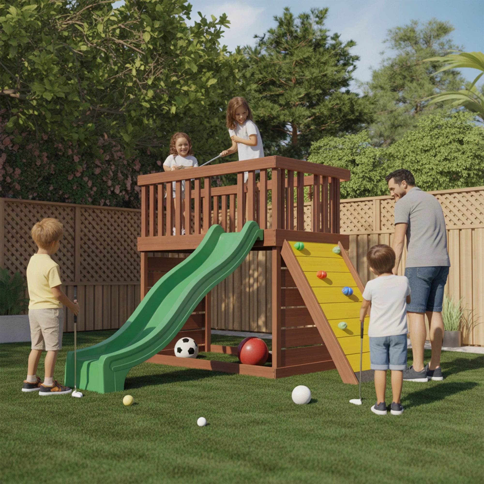 Backyard Wooden Playset with Double Slide & Rock Climbing Wall – Compact Outdoor Adventure Tower