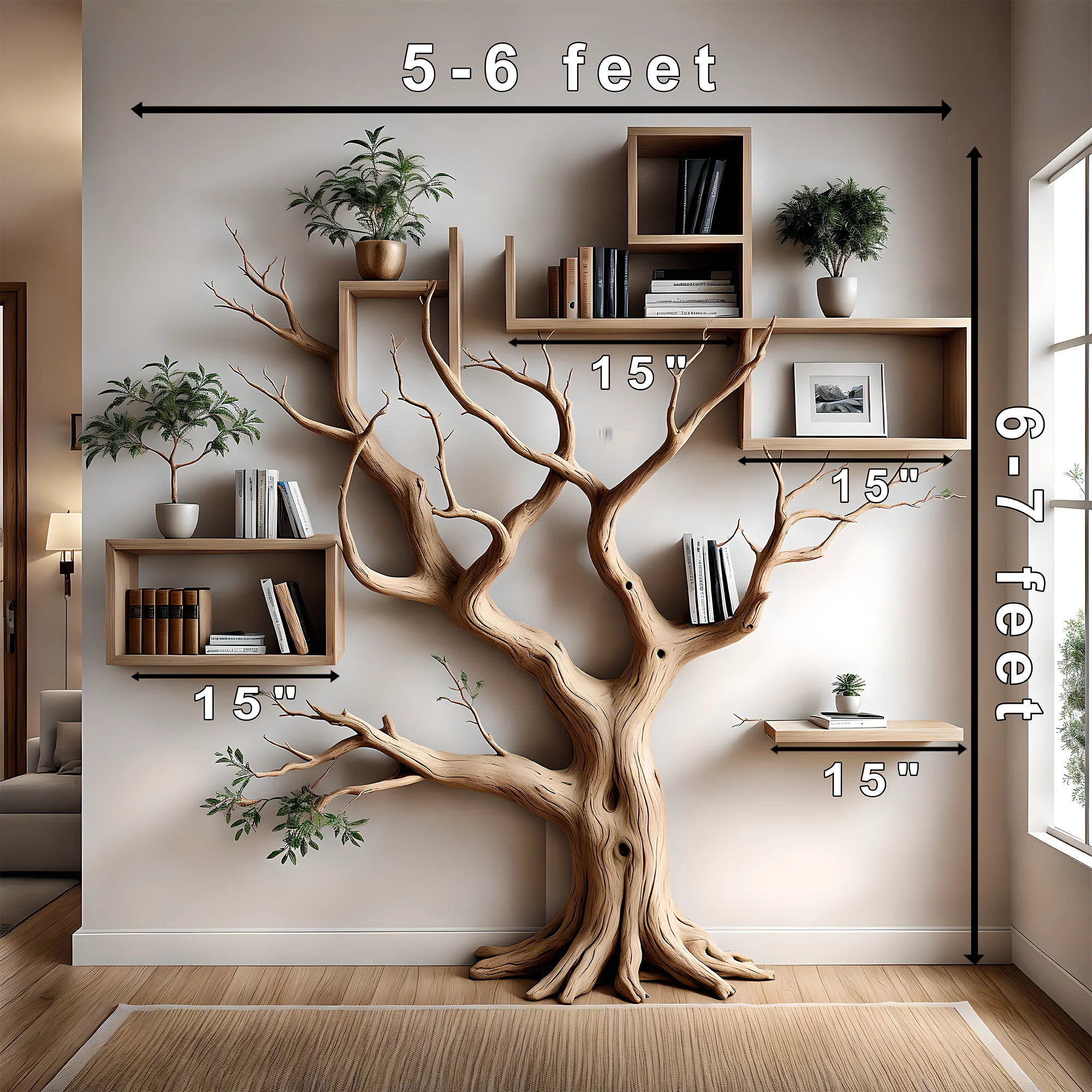 Bookshelf shaped like an old tree, aged wooden bookshelf, wall-mounted decorative bookshelf 