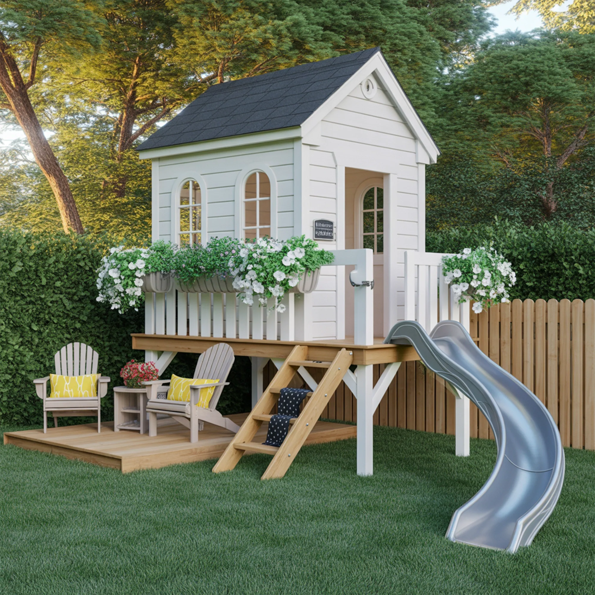 Compact Wooden Kids Playhouse with Slide | 12x2x9 ft Outdoor Backyard Playground