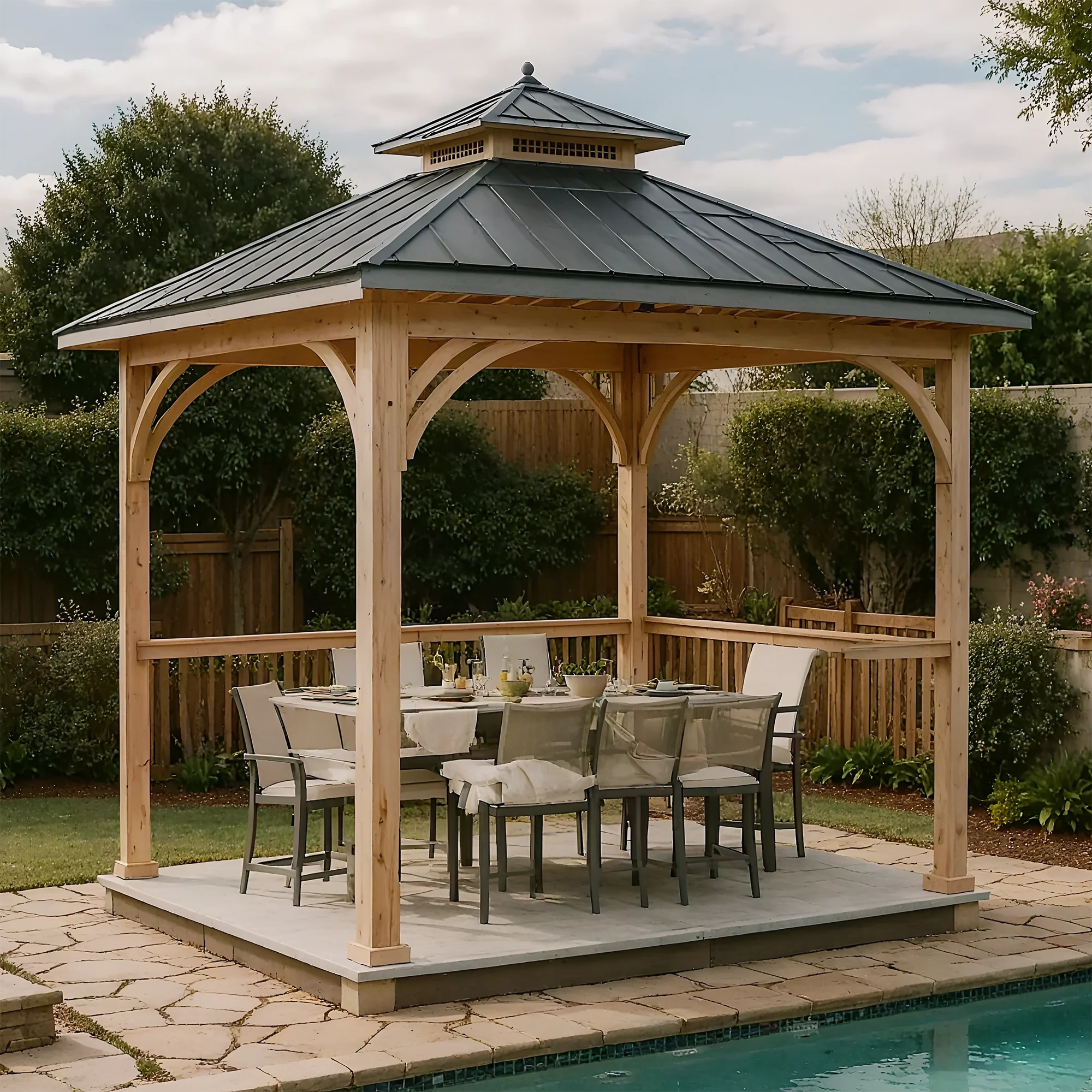 12x12 Wooden Outdoor Gazebo with Metal Roof | Backyard Pavilion for Patio, Garden & Poolside Dining