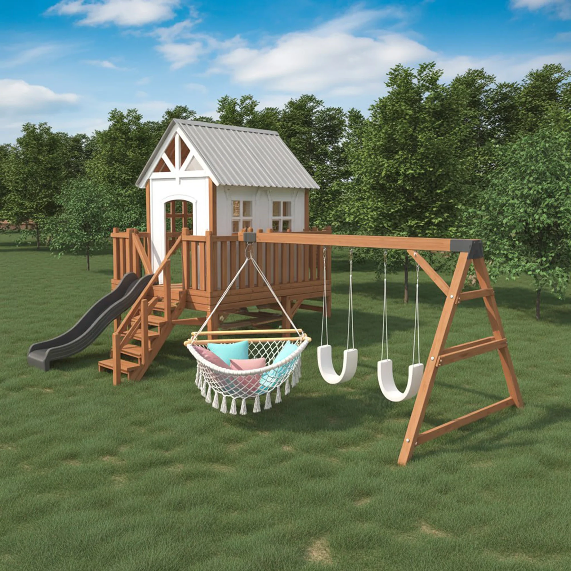 Deluxe Wooden Playhouse with Dual Slides, Swings & Hammock – Outdoor Backyard Adventure Set (22ft x 12ft x 9ft)