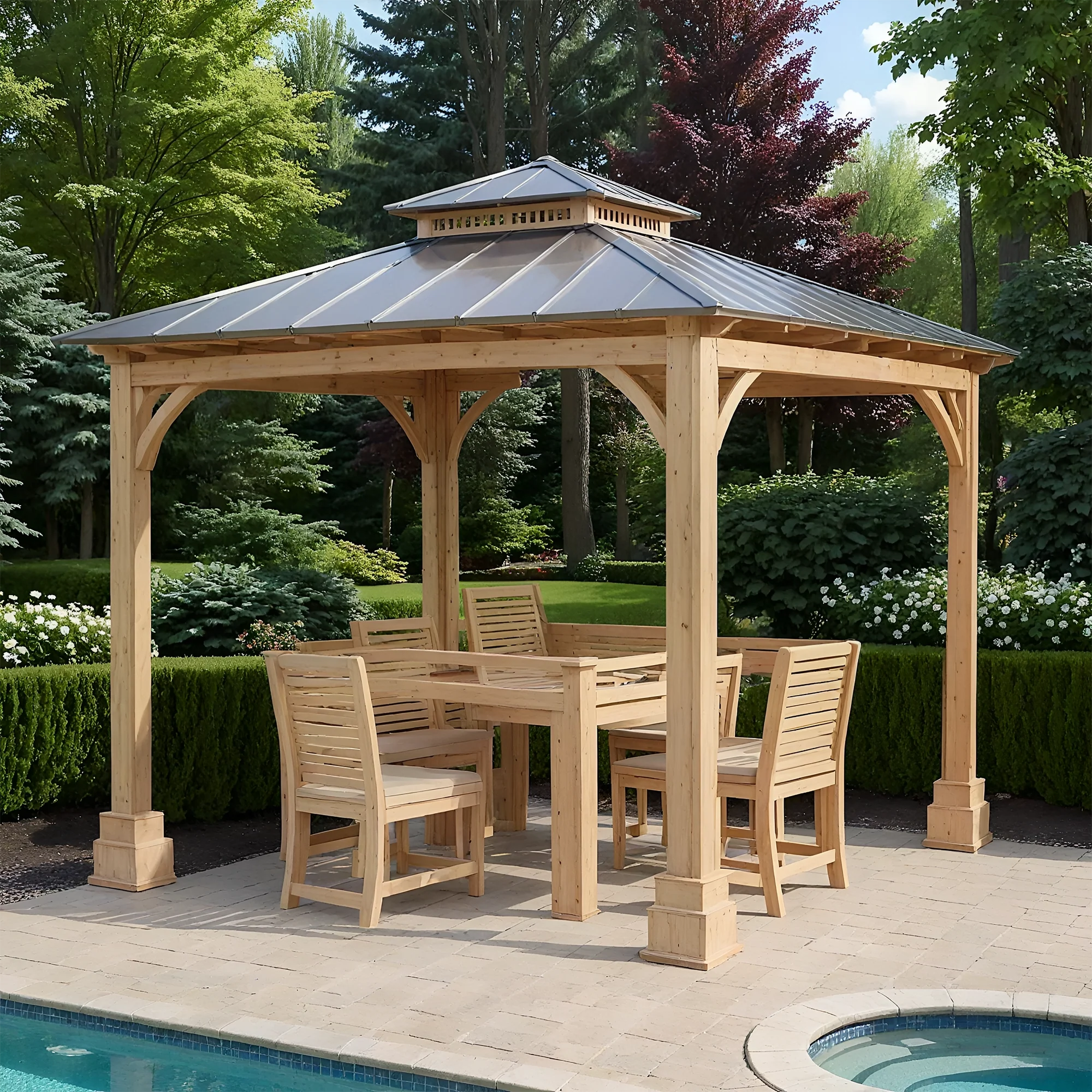 12x12 Wooden Gazebo with Steel Roof | Outdoor Pavilion for Patio, Garden & Poolside Living