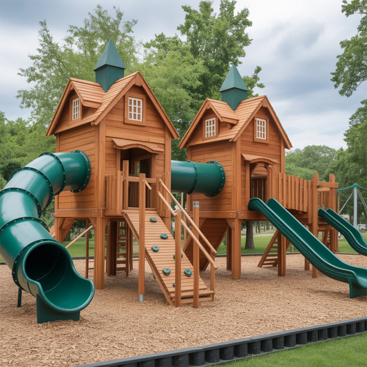 Wooden Kids Playhouse with Tube & Straight Slide | 12x12x9 ft Outdoor Playground