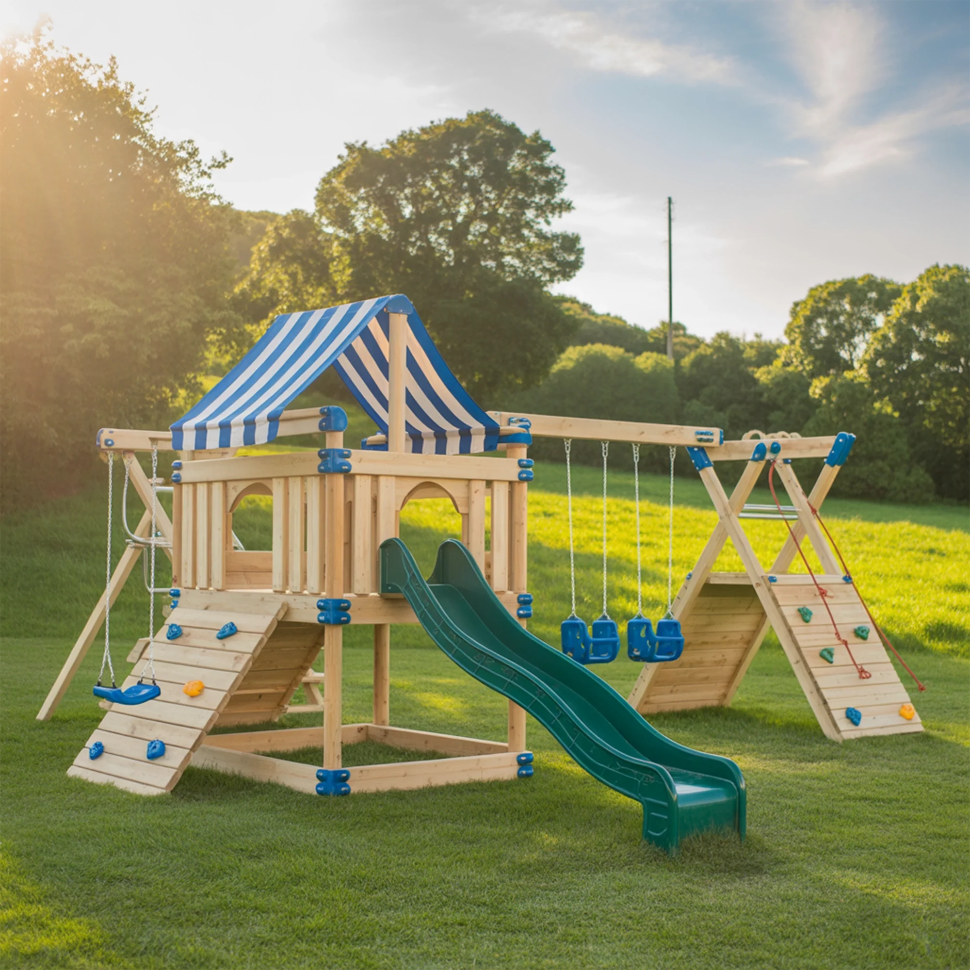 Wooden Outdoor Playhouse with Slide, Double Swings & Climbing Net – Backyard Adventure Set | 22x10x9 ft