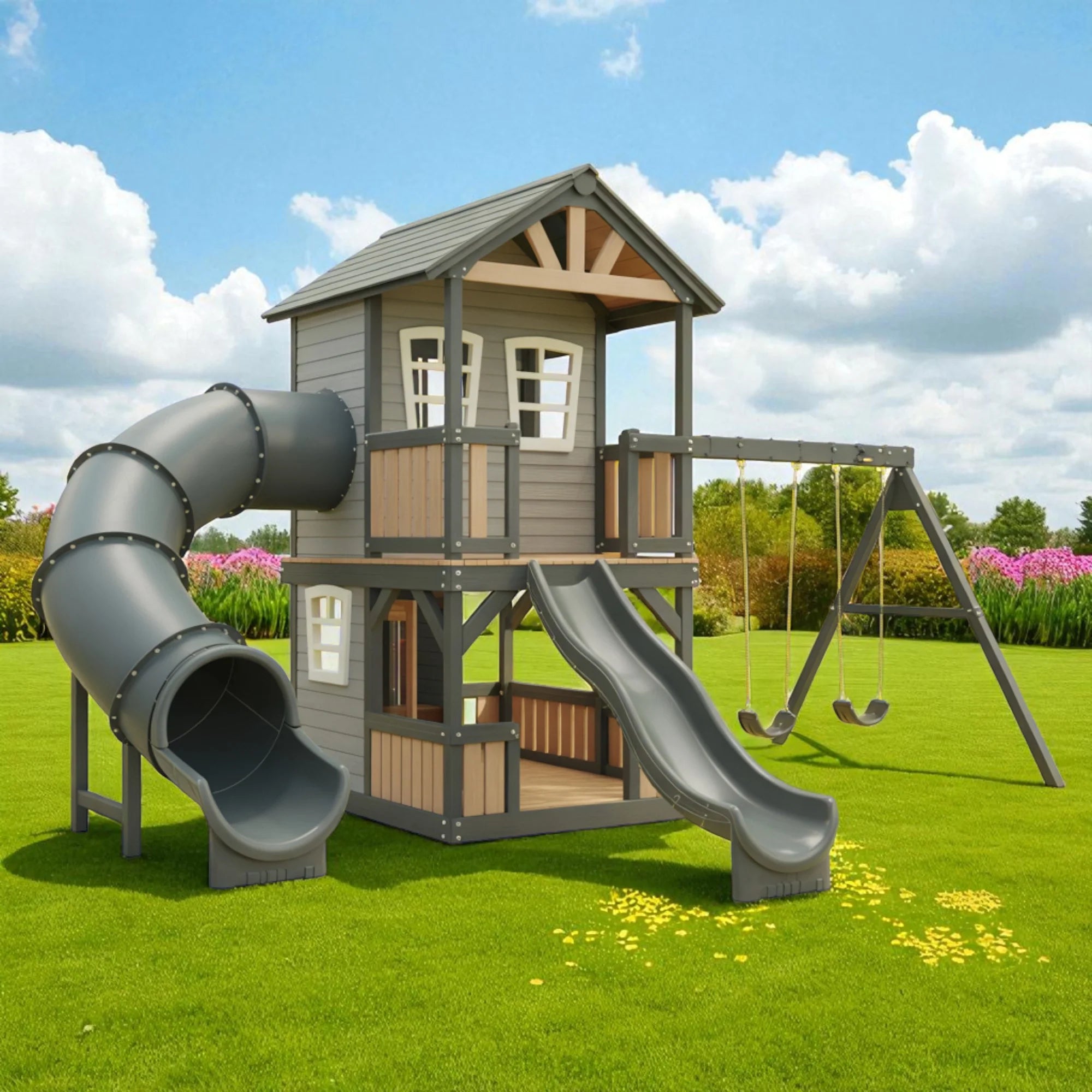 Wooden Playhouse with Slide & Swings | 22x12x9 ft Kids Outdoor Playground for Backyard Fun