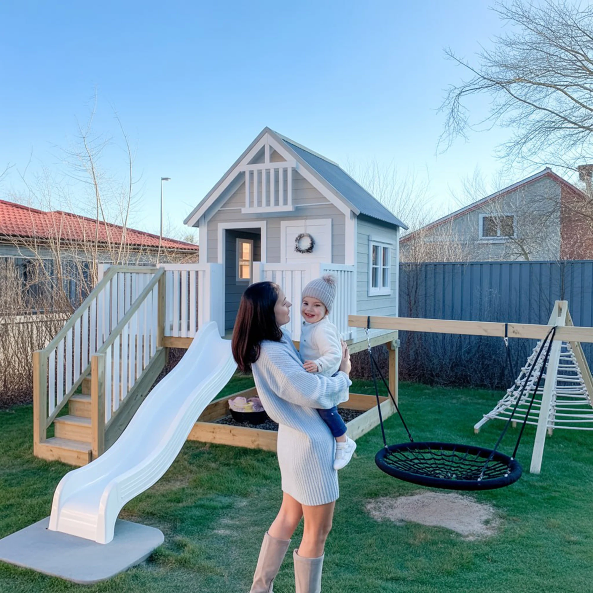 2-Story Wooden Playhouse with Double Slide & Nest Swing – 22ft | Backyard Playground