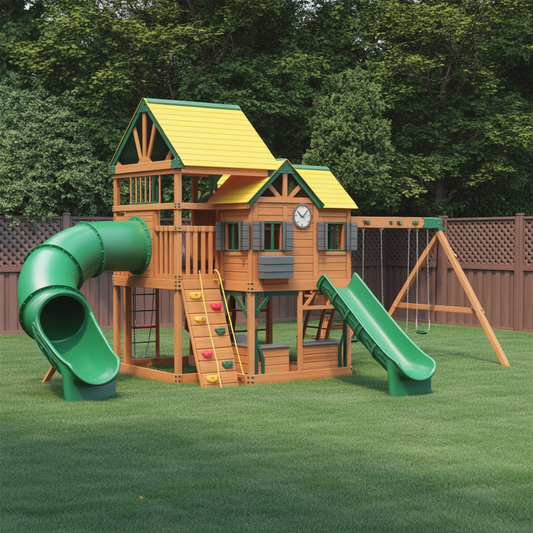 Premium Wooden Swingset with Dual Slides & Tube Slide | Outdoor Playset