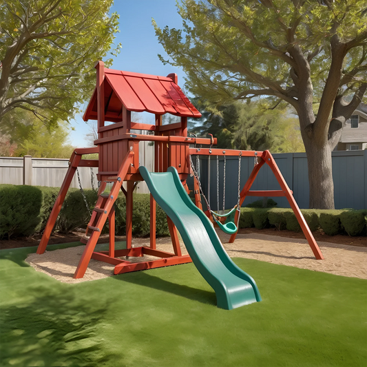 Backyard Wooden Swing Set with Playhouse, Slide & Toddler Seat – Outdoor Fun Zone