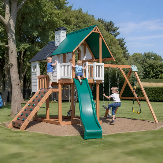 Wooden Playhouse Swing Set – Backyard Kids Playset with Climbing Wall & Slide