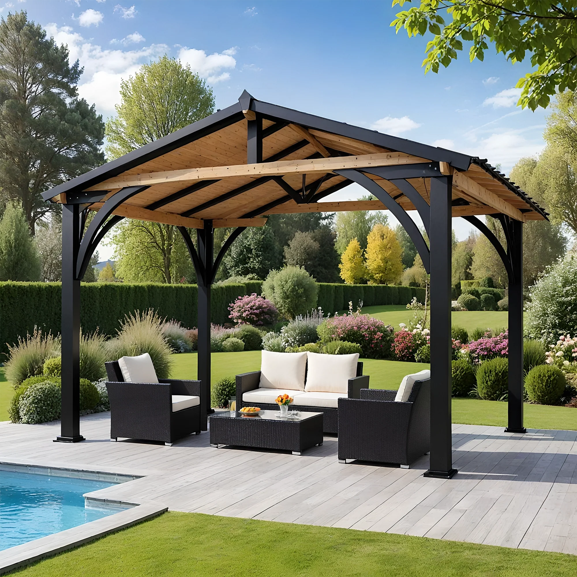 12x12 Wooden & Steel Gazebo with Gable Roof | Outdoor Pavilion for Patio, Garden & Poolside