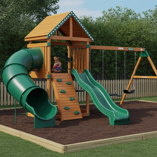 Wooden Playhouse with Tube Slide, Swing & Sandbox | 22x12x9 ft Backyard Kids Playground