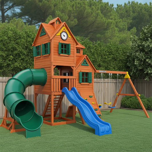Deluxe Wooden Swingset with Double Slides, Tube Slide, Rock Wall & Swing Beam – Large Backyard Playground 22x12x9 ft