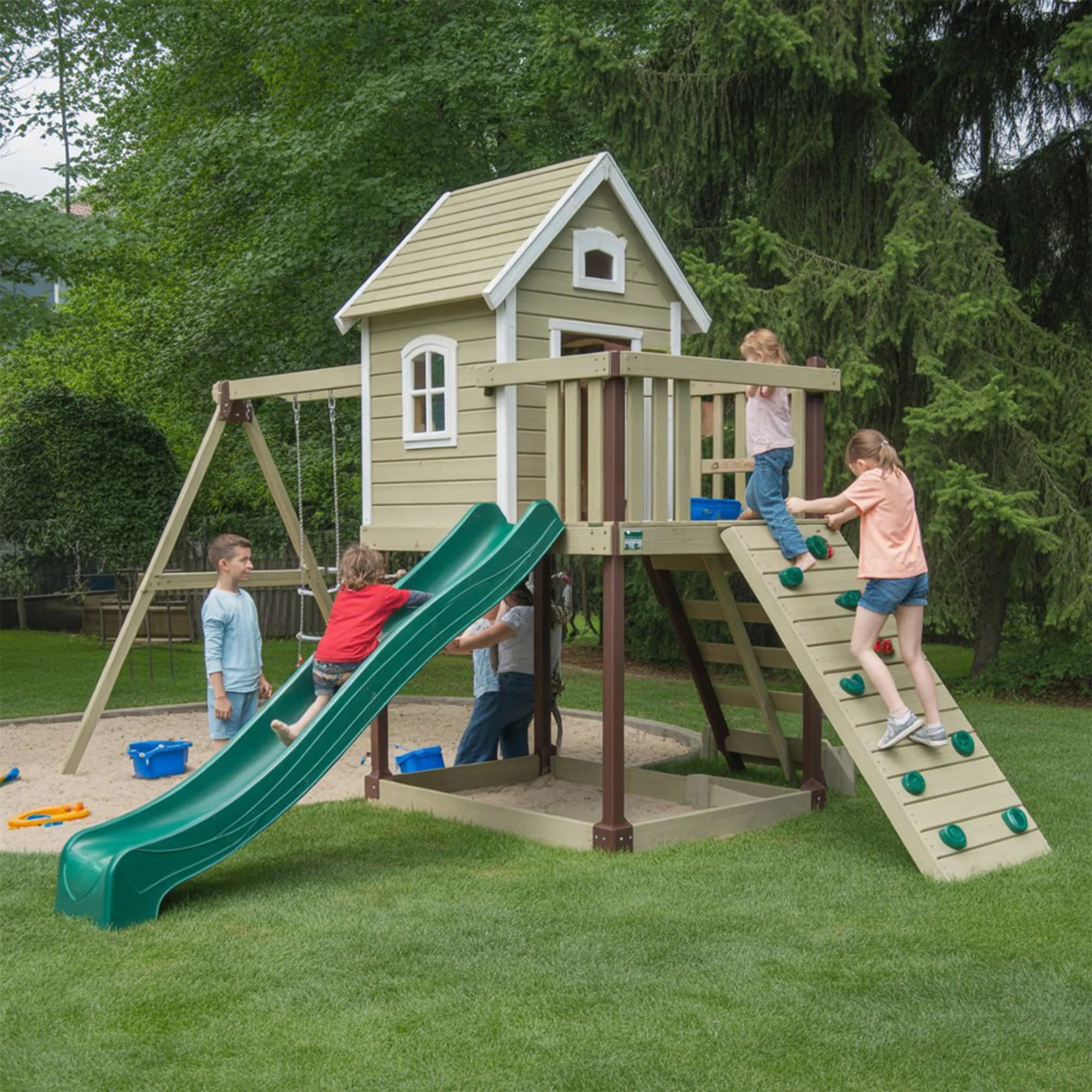 Deluxe Wooden Outdoor Playhouse with Slide, Swings & Climbing Wall – 22x12ft Backyard Playground Set