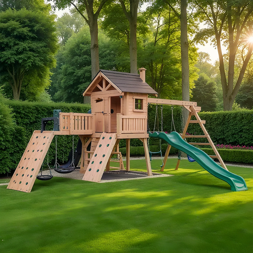 Wooden Swing Set with Slide, Climbing Wall & Playhouse – Outdoor Kids Playground (23 ft)