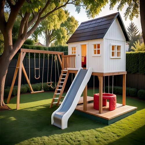 Backyard Swing Set with Sandbox & Slide – Wooden Outdoor Playhouse for Children