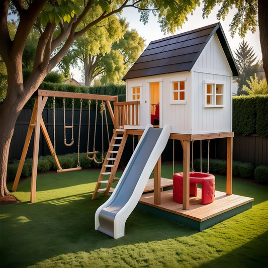Backyard Swing Set with Sandbox & Slide – Wooden Outdoor Playhouse for Children