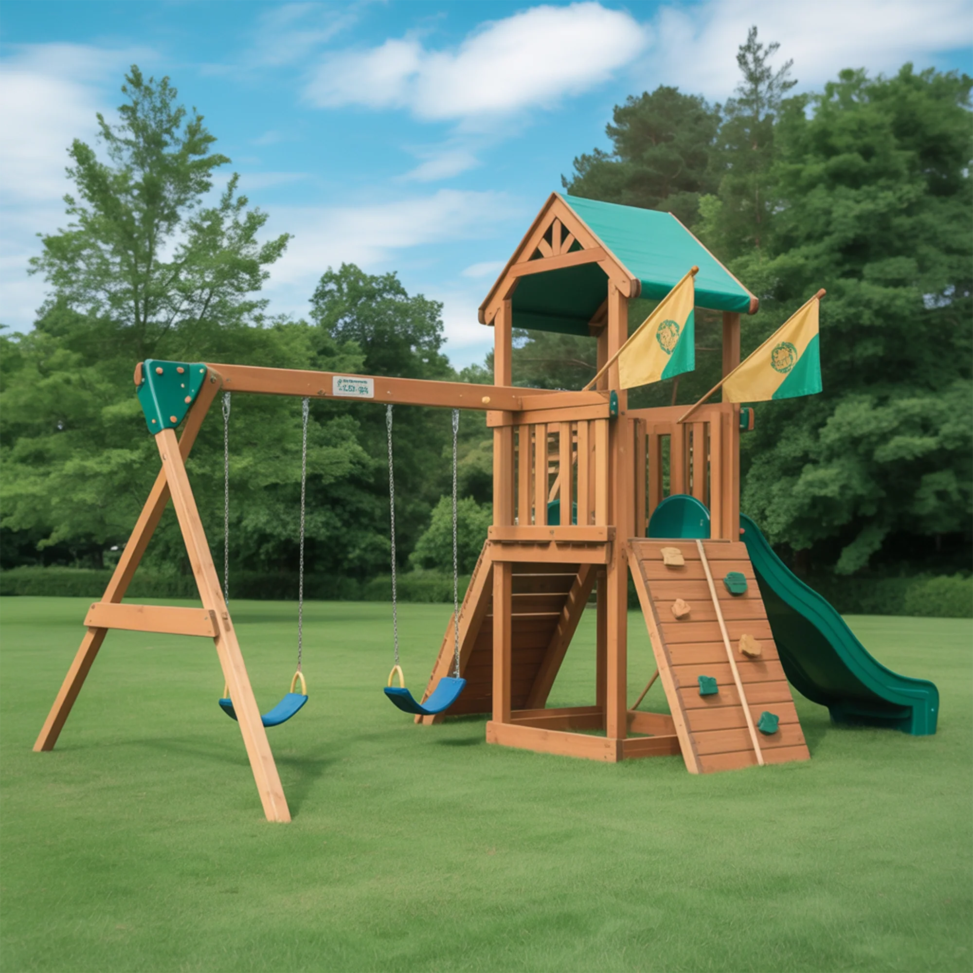 Backyard Wooden Playset with Slide, Swings & Climbing Wall – Outdoor Adventure Playground for Kids | Durable Wood Frame 22x12x9 ft