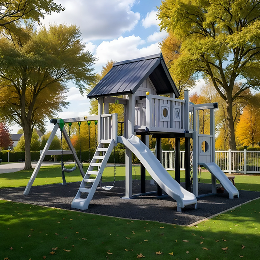 Large Wooden Swing Set with Playhouse, Slide & Swings – Outdoor Backyard Playground (23.6 ft)