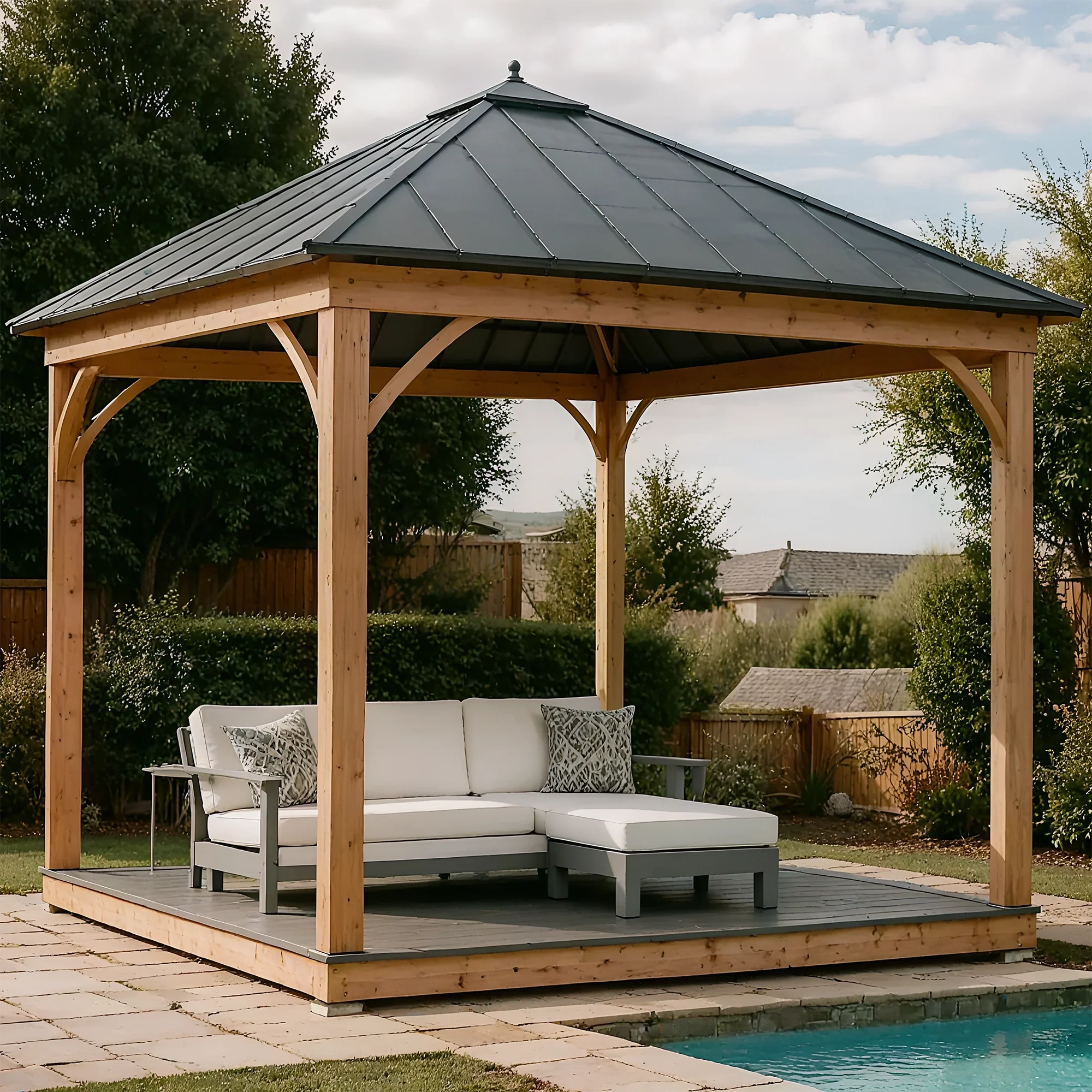 12x12 Wooden Gazebo with Steel Roof | Outdoor Pavilion for Patio, Garden & Poolside Lounge