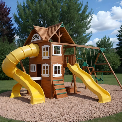 Premium Backyard Swingset with Playhouse, Slides & Rock Wall