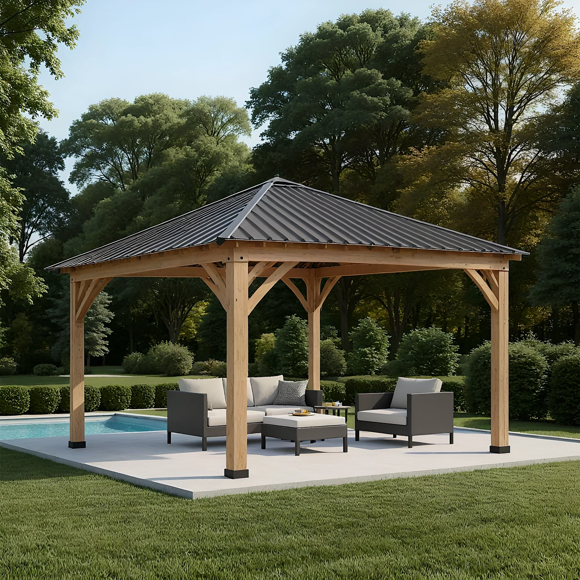12x12 Wooden Gazebo with Metal Roof | Outdoor Pavilion for Garden, Patio & Poolside Shade