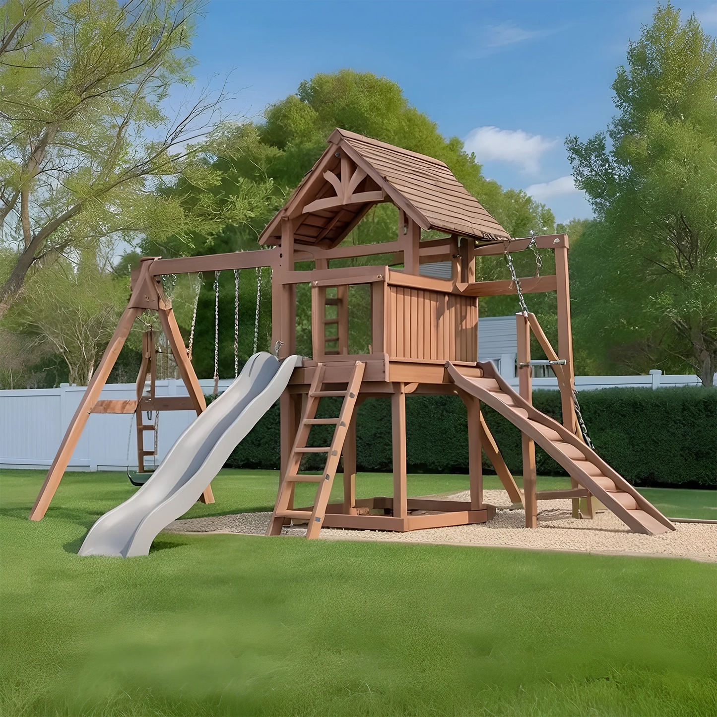 Heavy Duty Wooden Swing Set – Playhouse, Slide & Swings for Safe Outdoor Fun