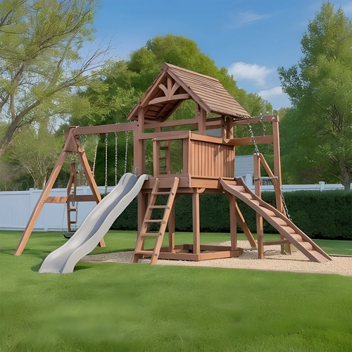 Heavy Duty Wooden Swing Set – Playhouse, Slide & Swings for Safe Outdoor Fun