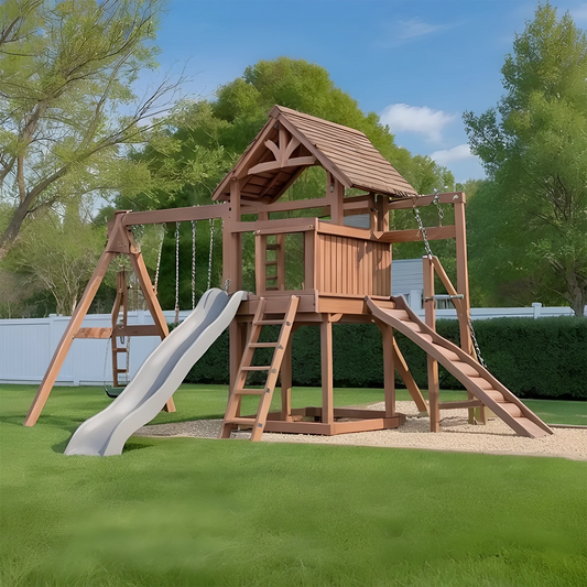 Heavy Duty Wooden Swing Set – Playhouse, Slide & Swings for Safe Outdoor Fun