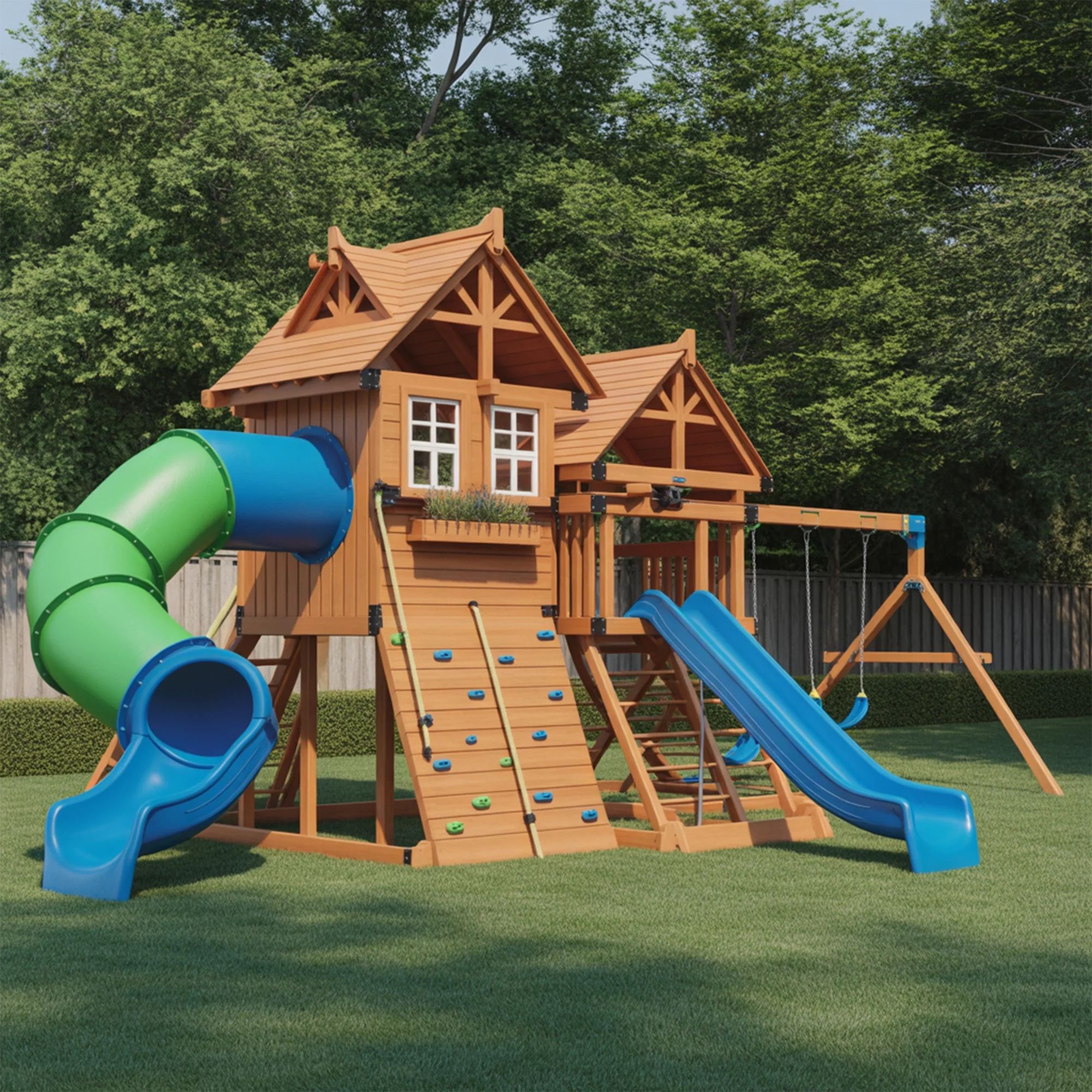 Wooden Outdoor Playhouse with Tube Slide, Straight Slide & Double Swings – Backyard Adventure Playset | 22x10x9 ft