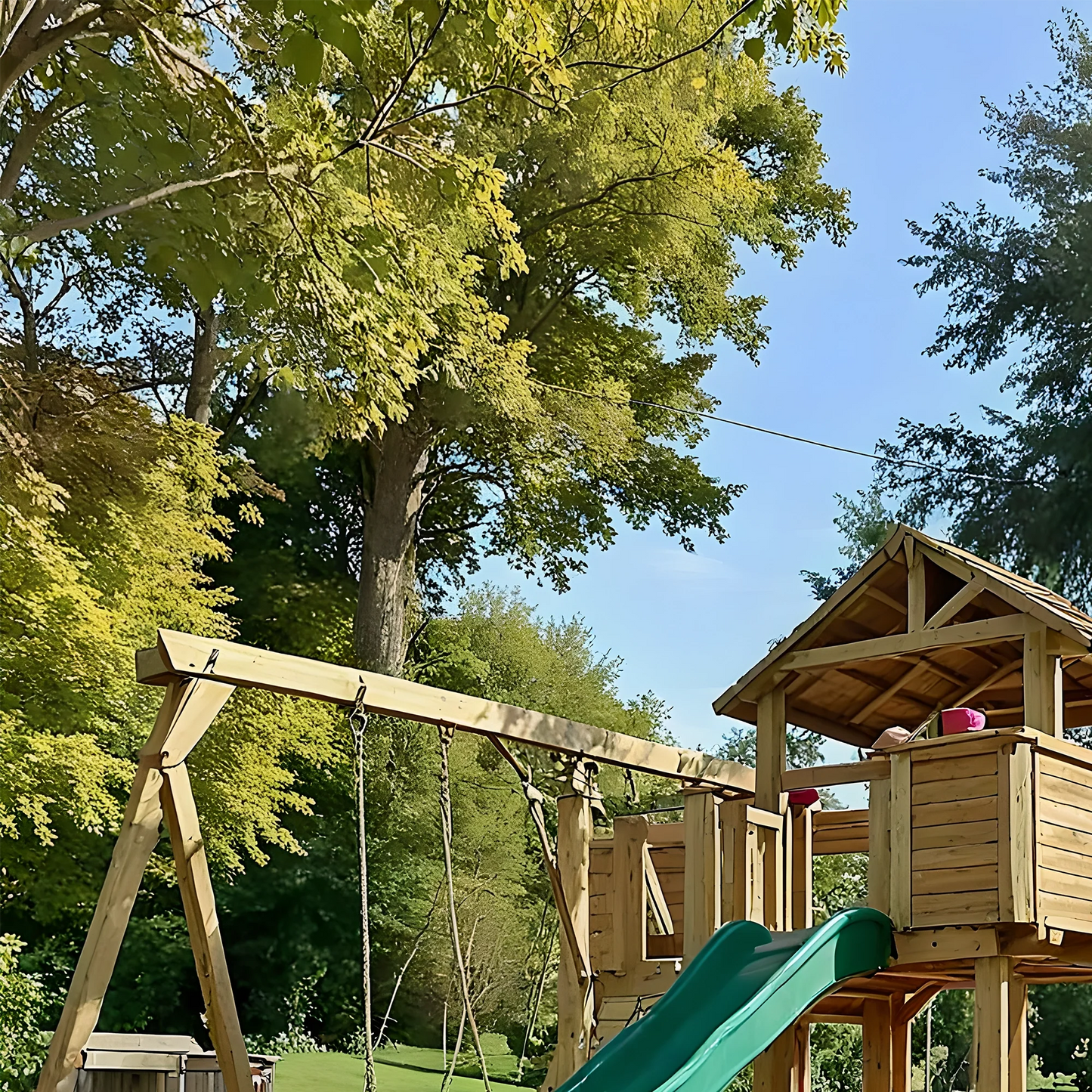 Safe Kids Swing Set for Backyard – Wooden Outdoor Playset with Playhouse & Slides