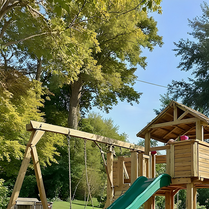 Safe Kids Swing Set for Backyard – Wooden Outdoor Playset with Playhouse & Slides