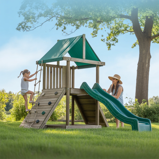 Wooden Swingset with Slide, Climbing Wall & Ladder – Kids Outdoor Playground