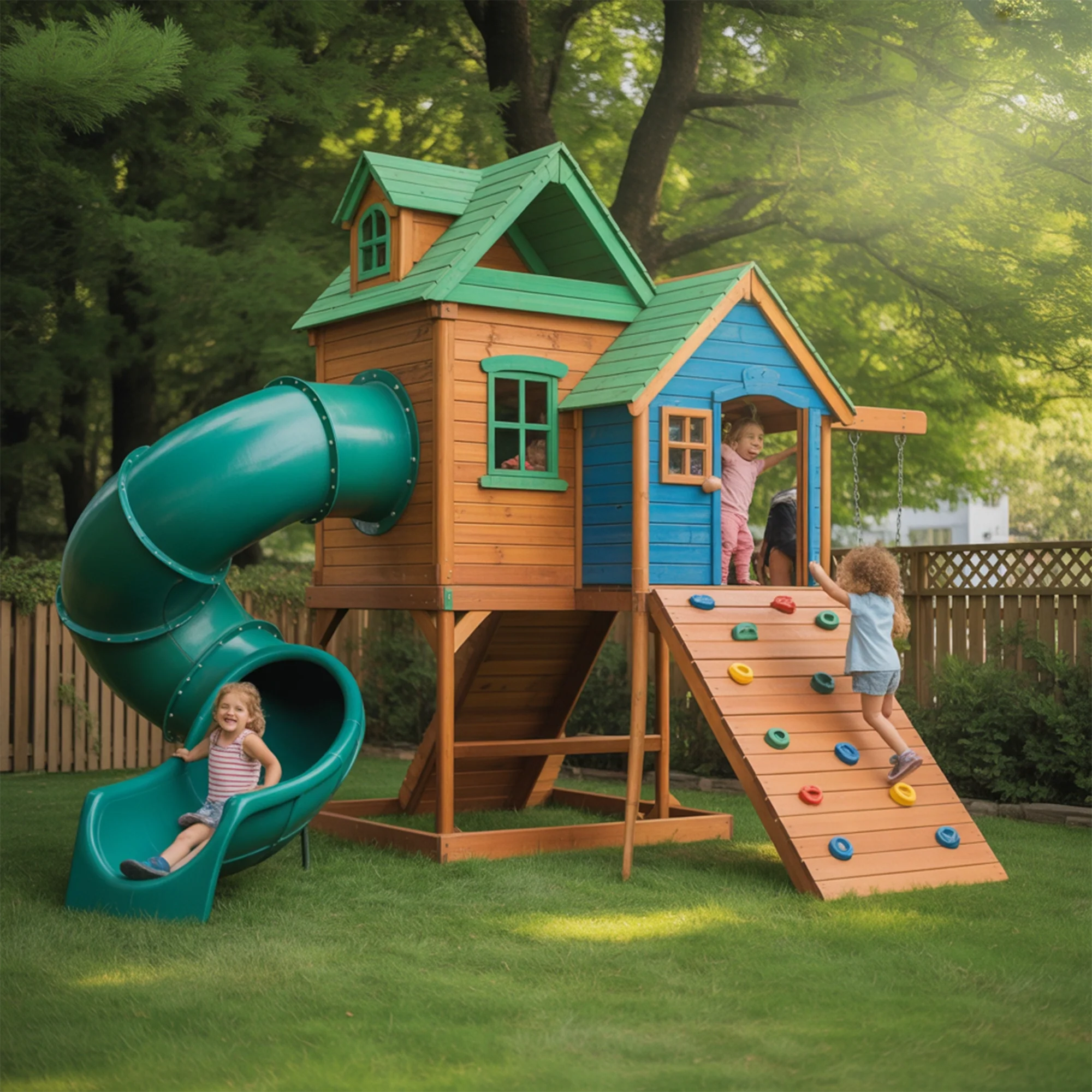 Large Wooden Playhouse with Spiral Tube Slide & Swings | Outdoor Kids Playground for Backyard Fun