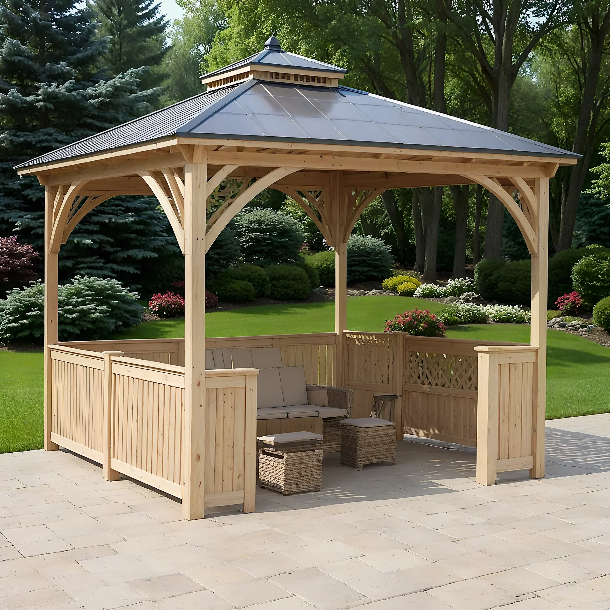 12x12 Wooden Gazebo with Privacy Walls & Metal Roof | Outdoor Pavilion for Patio, Garden & Backyard