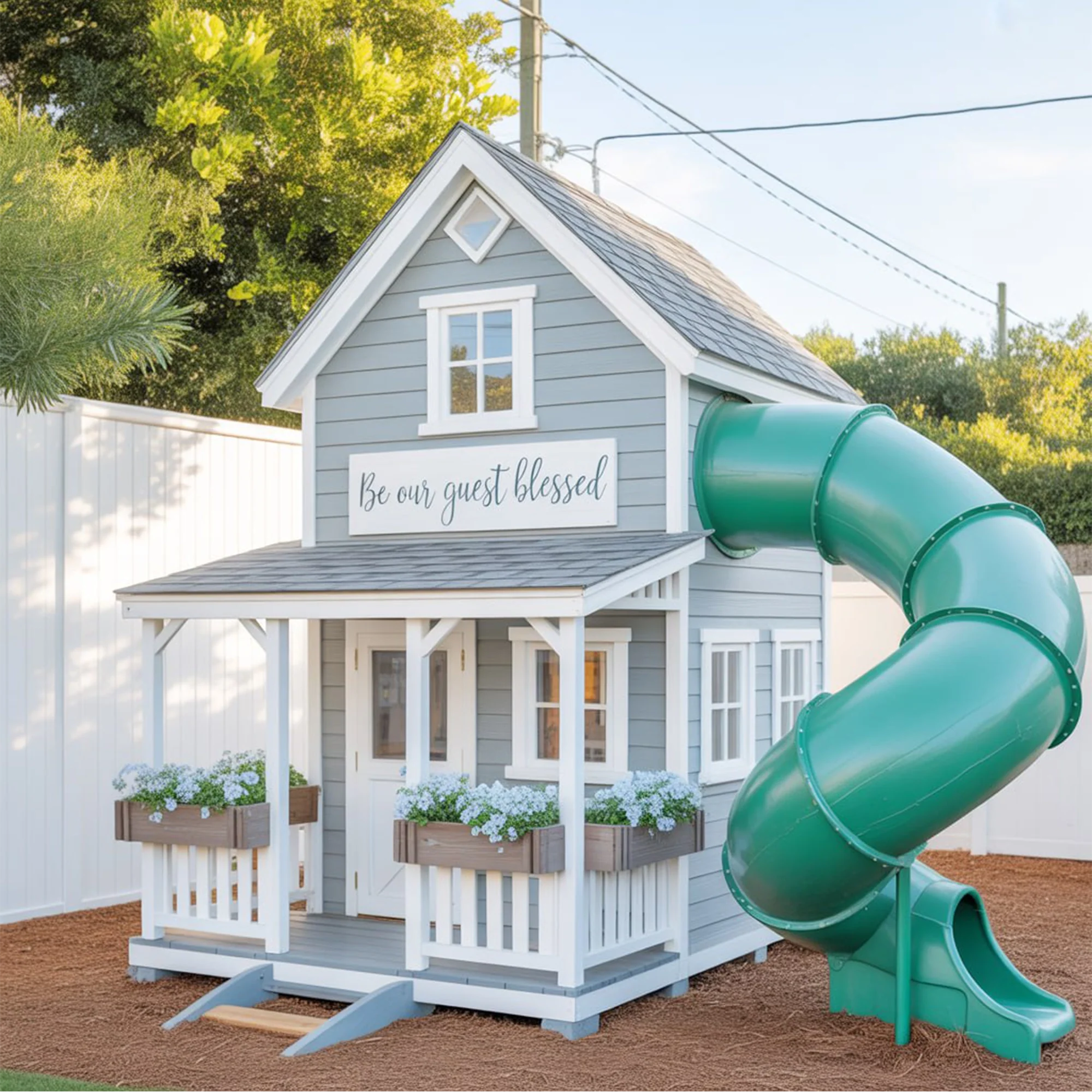 Luxury Wooden Playhouse with Spiral Slide & Swings – Elevated Outdoor Kids Playground | Safe & Durable Backyard Play Structure