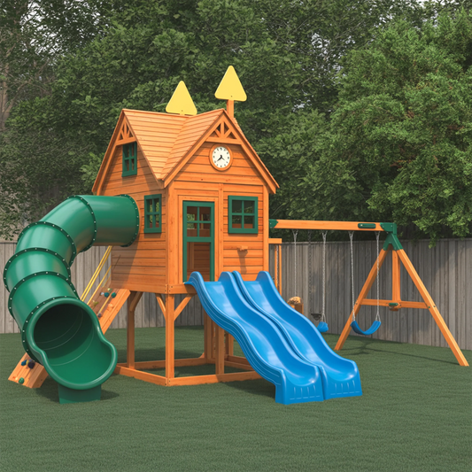 Deluxe Wooden Swing Set with Dual Blue Slides, Tube Slide & Swings – Outdoor Playground for Kids (22ft x 12ft x 9ft)