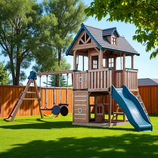 Outdoor Wooden Swingset with Spiral Tube Slide & Dual Swings