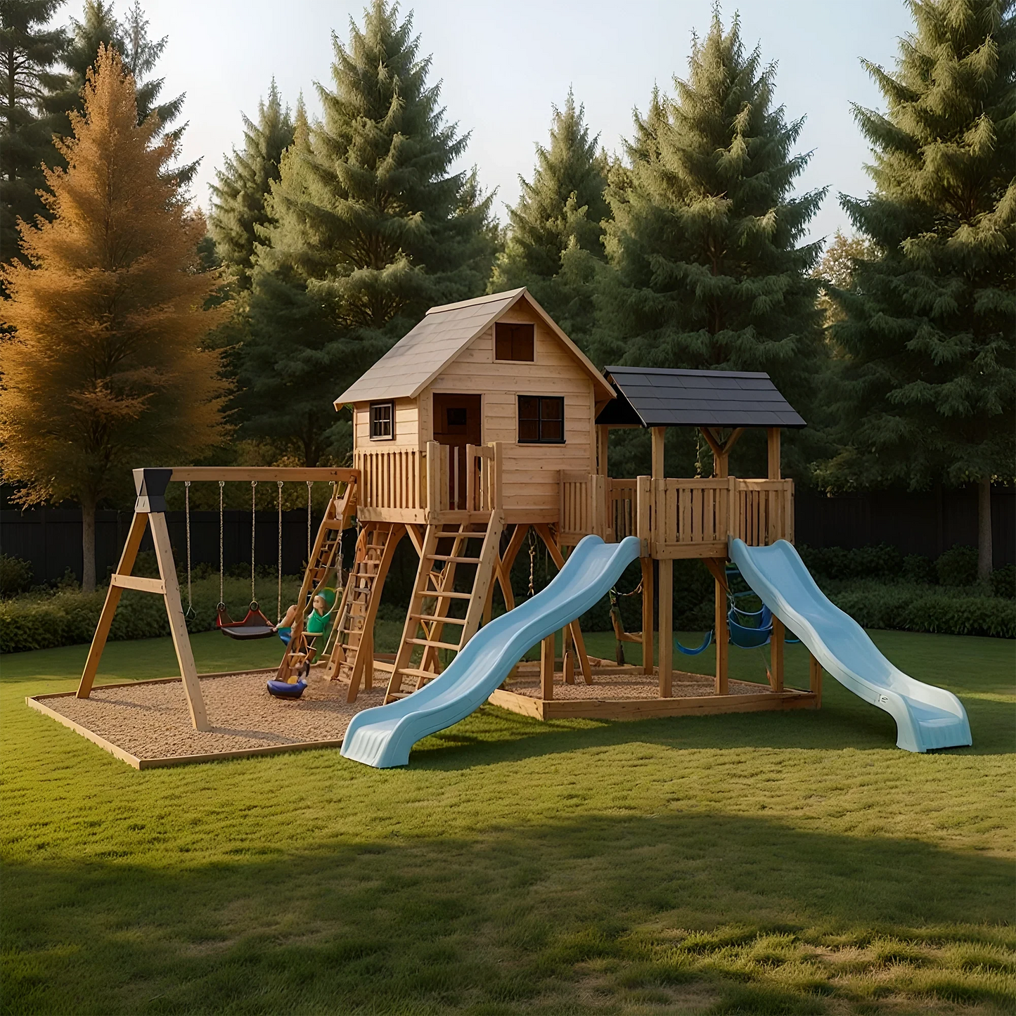 Sturdy Outdoor Wooden Swing Set with Slide & Sandbox – Backyard Playhouse Tower