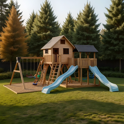 Sturdy Outdoor Wooden Swing Set with Slide & Sandbox – Backyard Playhouse Tower