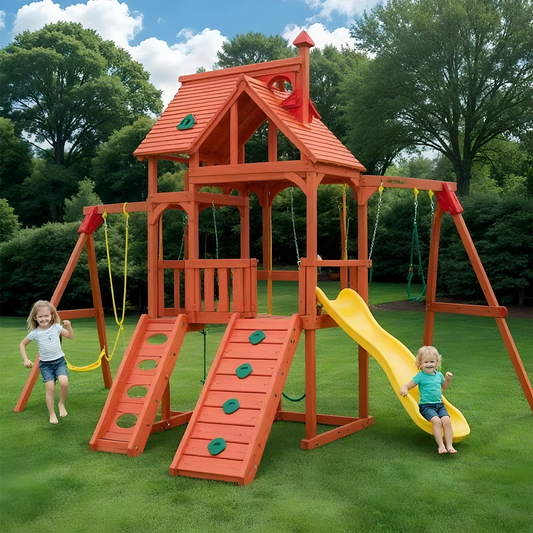 Kids Wooden Playground Set with Slide, Climbing Wall & Swings