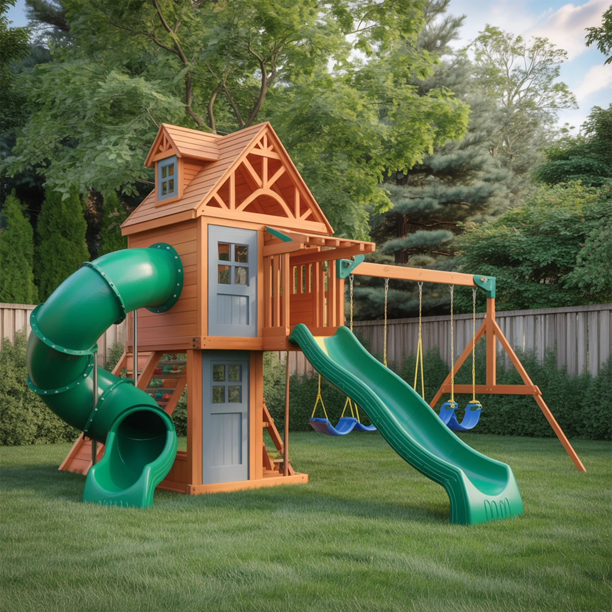 Deluxe Wooden Playset with Spiral Tube Slide, Dual Swings & Ladder – Outdoor Backyard Playground 16ft x 10ft x 9ft