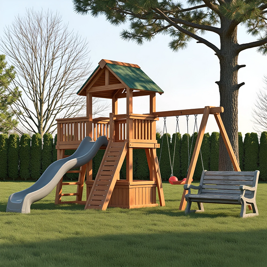 Outdoor Swing Set with Wooden Playhouse & Slide – Durable Backyard Play Structure