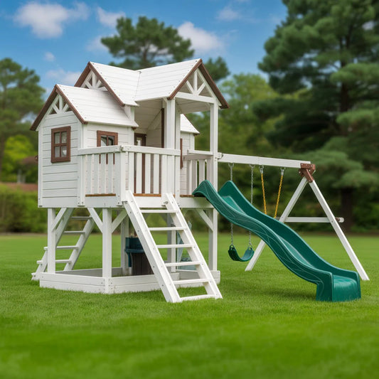 Premium Wooden Swingset with Tube Slide, Rock Wall & Double Swings