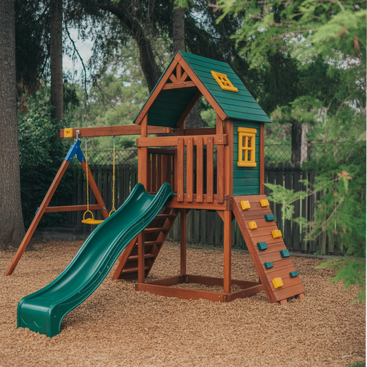 Wooden Playhouse with Slide & Swings | Compact Outdoor Playground for Kids Backyard Fun