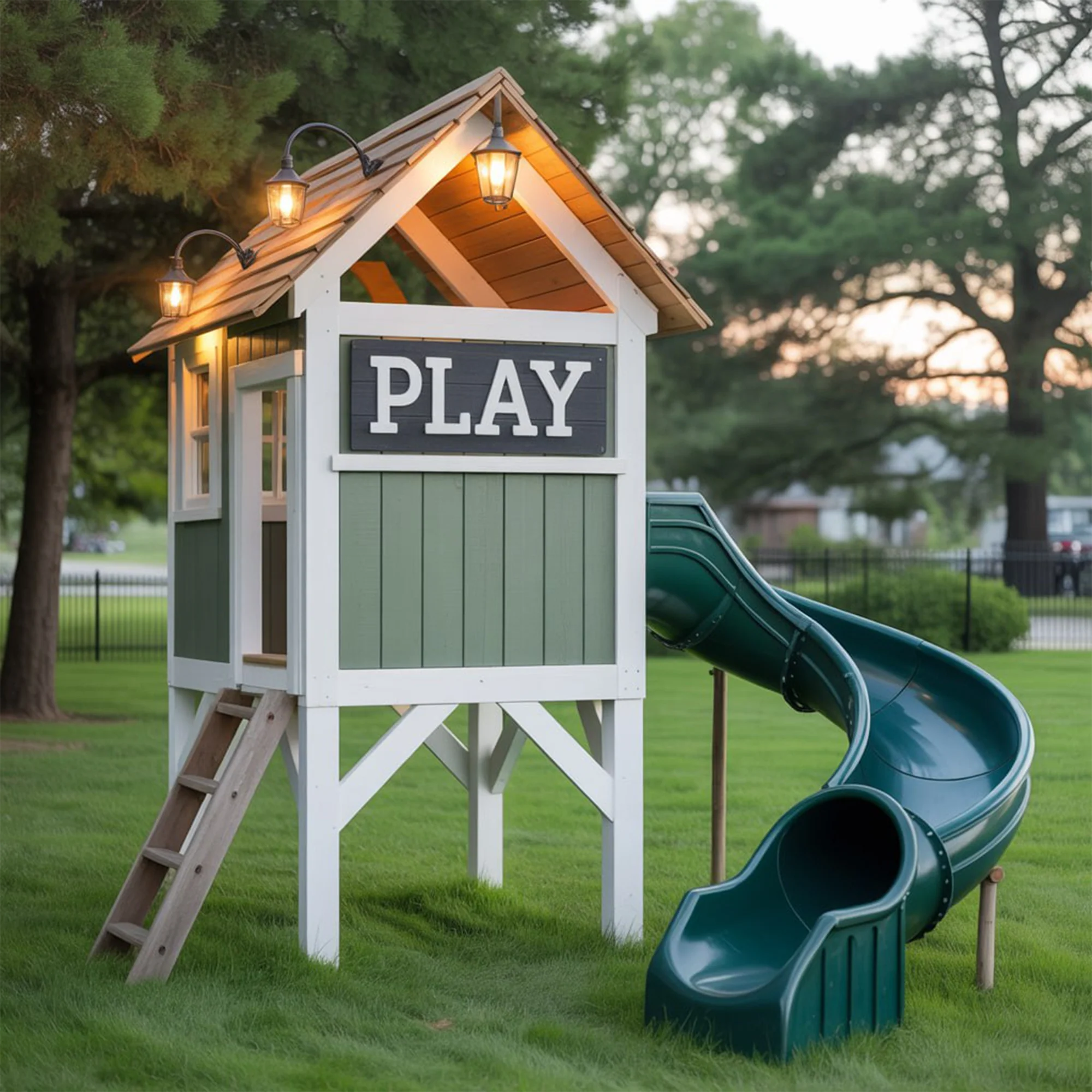 Backyard Playhouse with Spiral Slide and Ladder – 16ft x 8ft x 6ft Outdoor Kids Playset