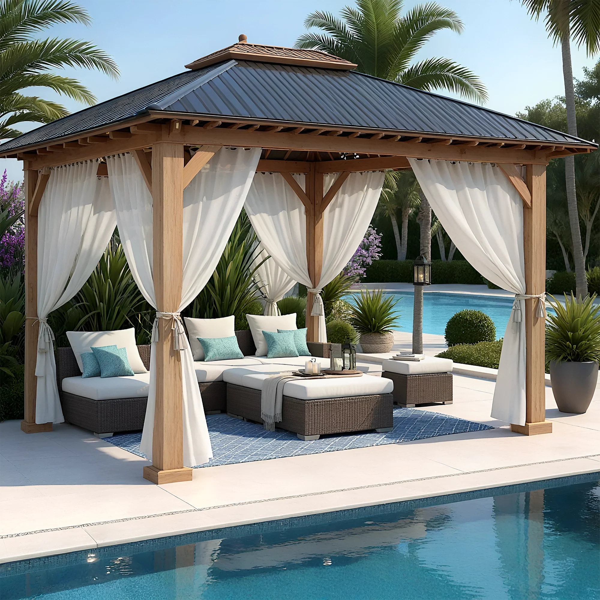 12x12 Wooden Outdoor Gazebo with Curtains & Metal Roof | Garden Pavilion for Patio, Poolside & Backyard
