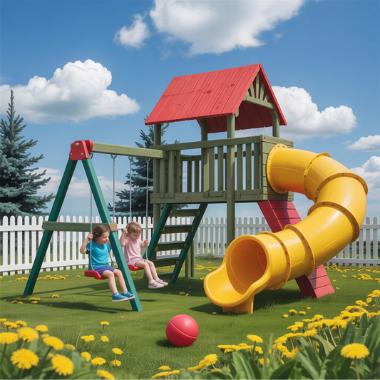 Wooden Swingset with Yellow Tube Slide & Double Swings | Outdoor Backyard Playground 22ft x 12ft x 9ft