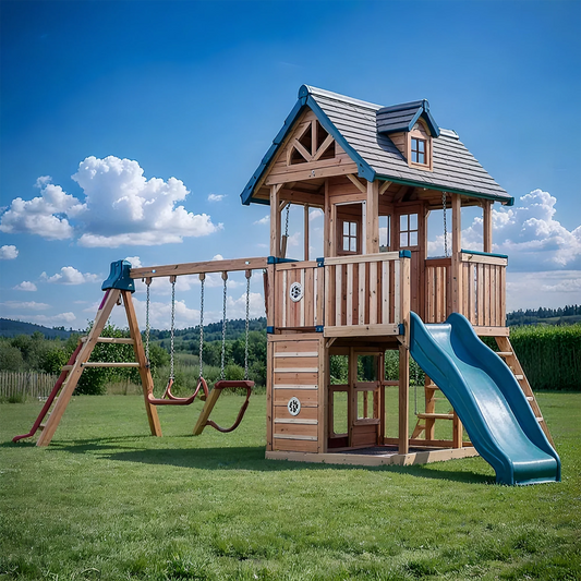 Heavy-Duty Wooden Swingset with Spiral Tube Slide & Double Swings