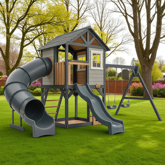 Wooden Playhouse with Tube Slide, Straight Slide & Swings | 22x12x9 ft Outdoor Playground