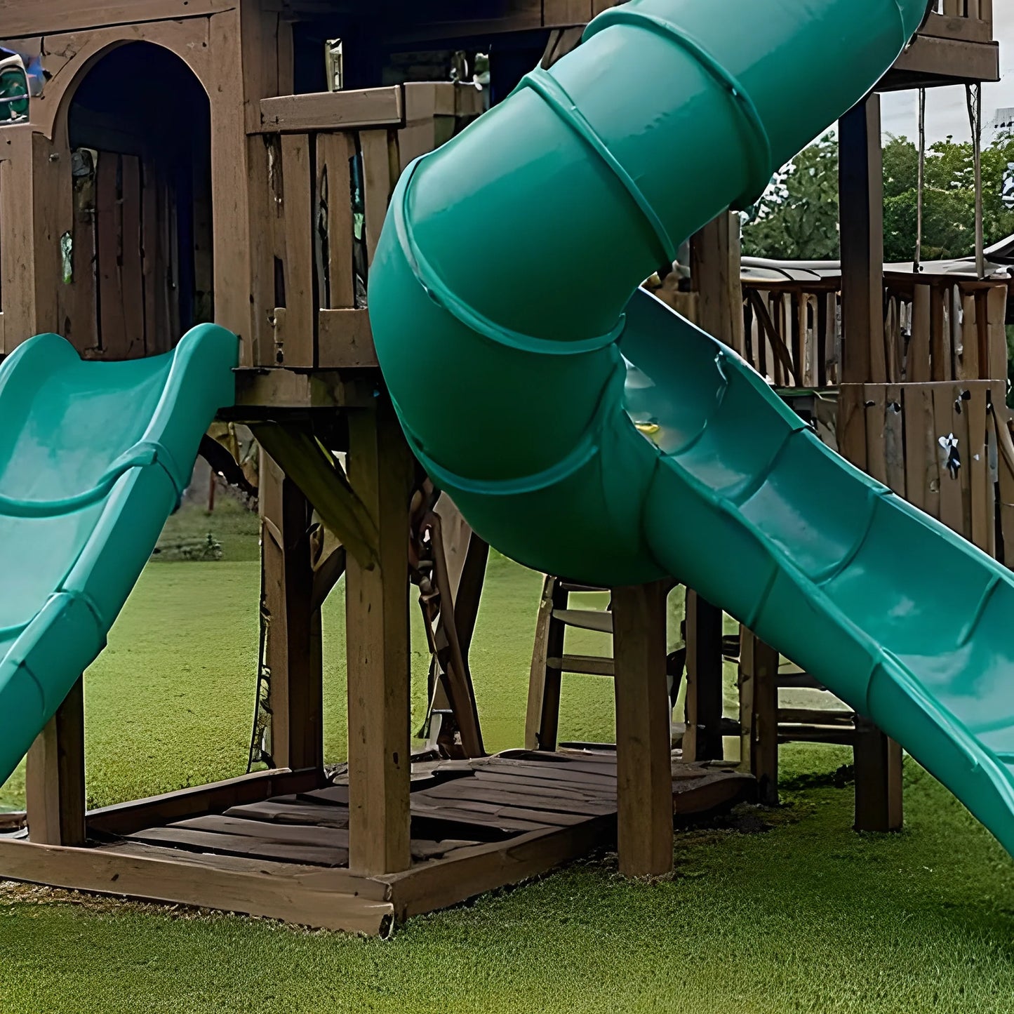 Kids Outdoor Playhouse with Swings, Dual Slides & Climbing Ladder – Wooden Swing Set